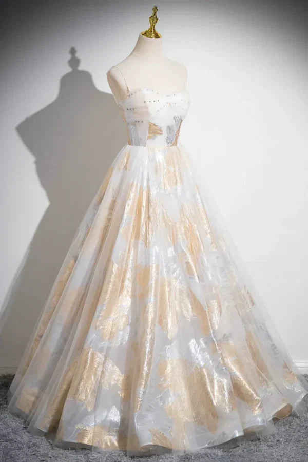 White Spaghetti Metallic-Embroidered Gold Long Prom Dresses