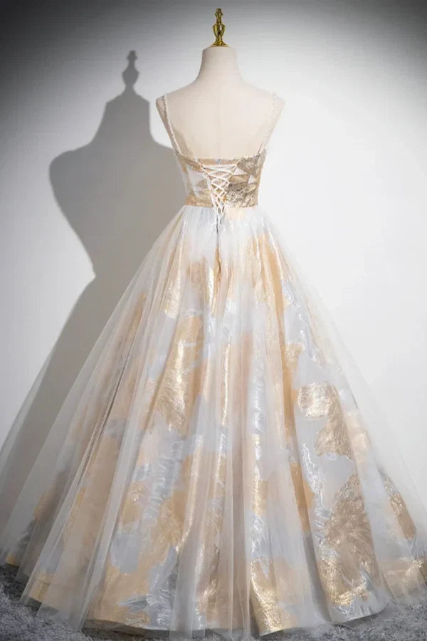 White Spaghetti Metallic-Embroidered Gold Long Prom Dresses