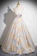 White Spaghetti Metallic-Embroidered Gold Long Prom Dresses