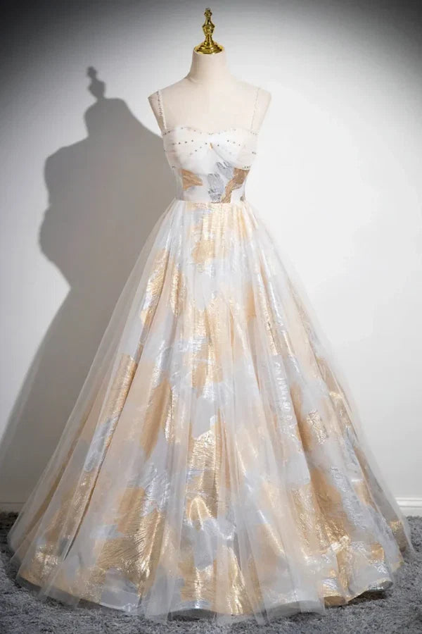 White Spaghetti Metallic-Embroidered Gold Long Prom Dresses