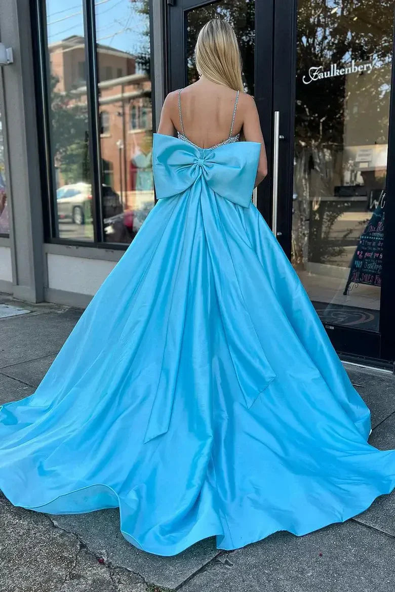 Sky Blue Spaghetti Strap Beaded Sky Floor-Length Prom Dress