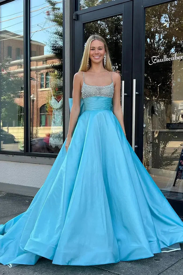 Sky Blue Spaghetti Strap Beaded Sky Floor-Length Prom Dress