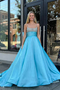 Sky Blue Spaghetti Strap Beaded Sky Floor-Length Prom Dress