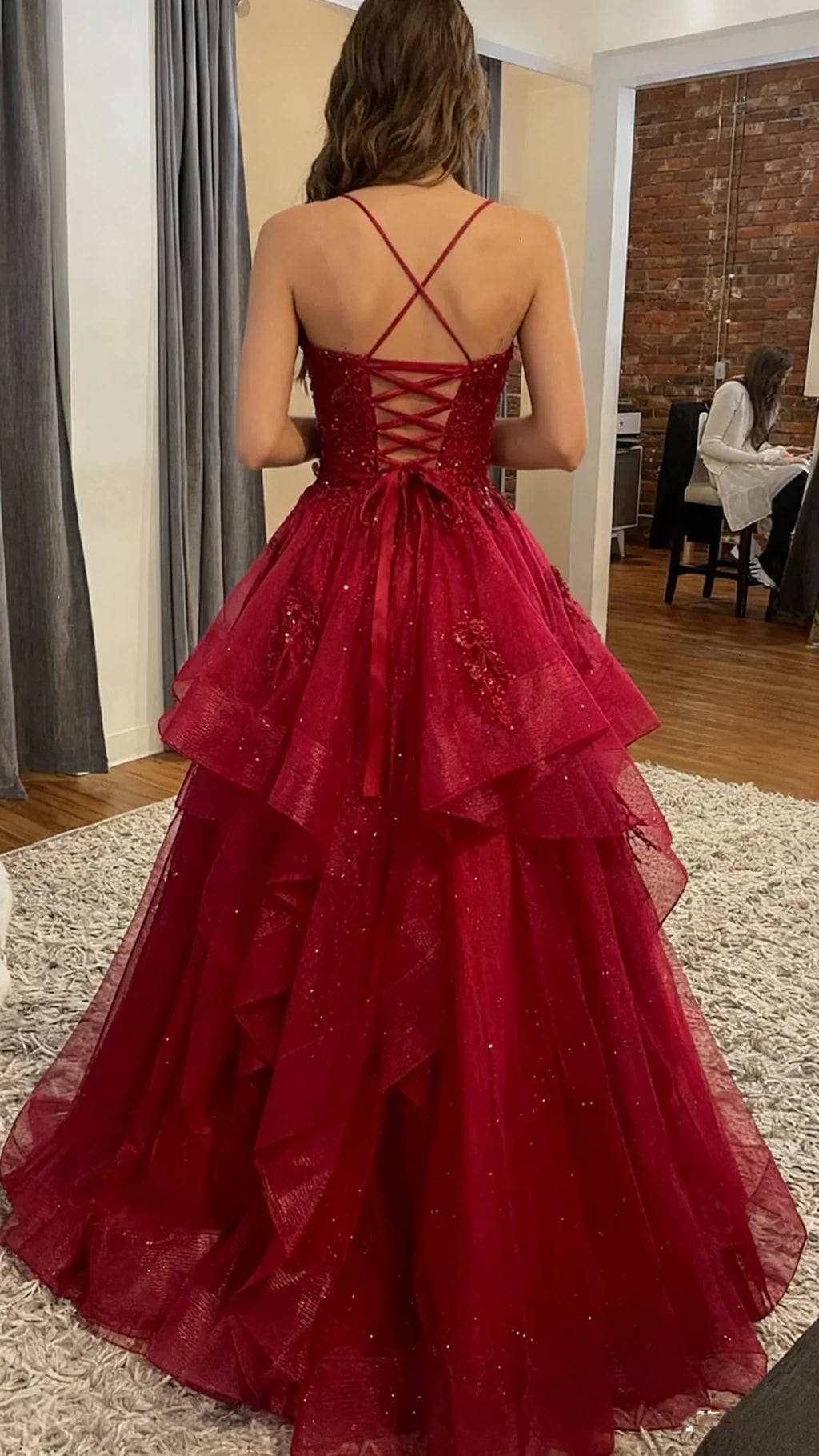Red Spaghetti Strap Ruffled Maxi Prom Dress