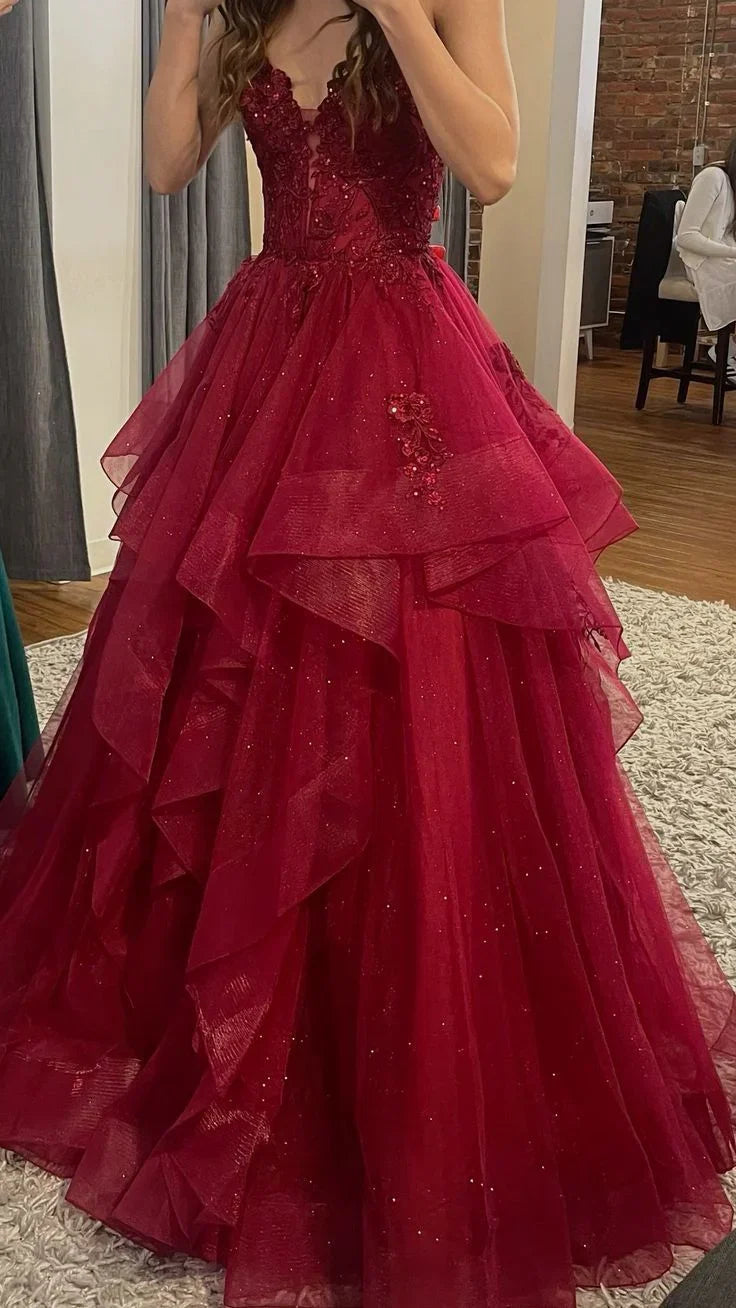 Red Spaghetti Strap Ruffled Maxi Prom Dress