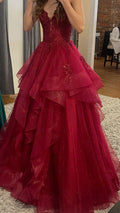 Red Spaghetti Strap Ruffled Maxi Prom Dress