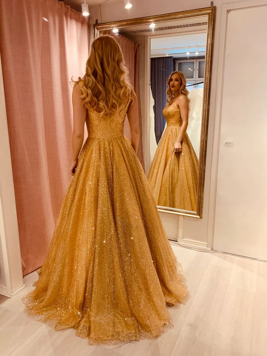 Gold Spaghetti Strap Maxi Prom Dress