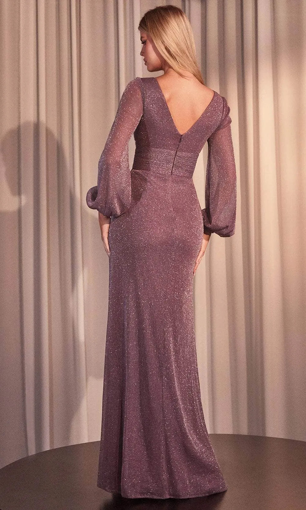 Purple Sparkle V - Neck Evening Gown with Sheer Lantern Sleeves Ideal for Proms and Formal Balls