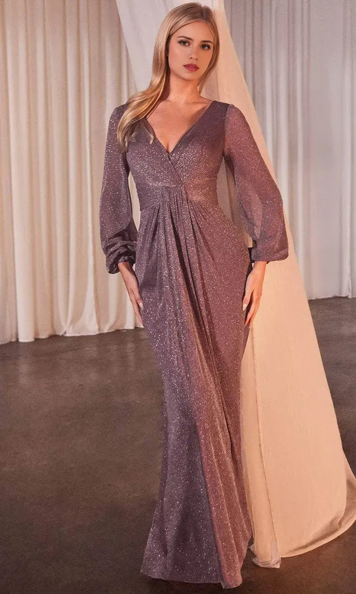 Purple Sparkle V - Neck Evening Gown with Sheer Lantern Sleeves Ideal for Proms and Formal Balls