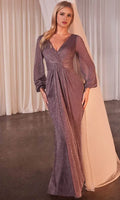 Purple Sparkle V - Neck Evening Gown with Sheer Lantern Sleeves Ideal for Proms and Formal Balls