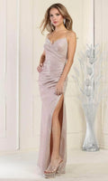 Champagne Sparkly Evening Dress with Spaghetti Straps Draped Bodice and High Side Slit for Formal Occasions