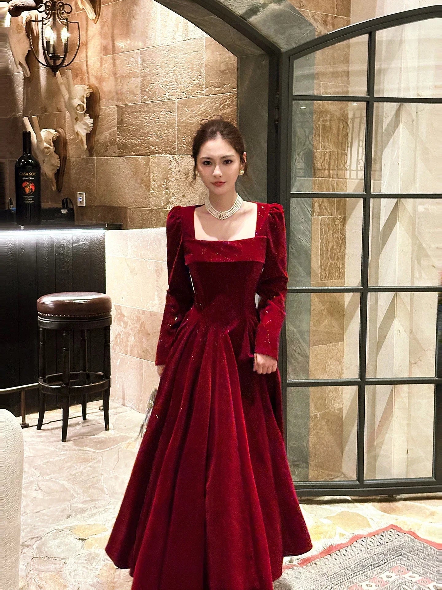 Burgundy Square Neck Maxi Prom Dress