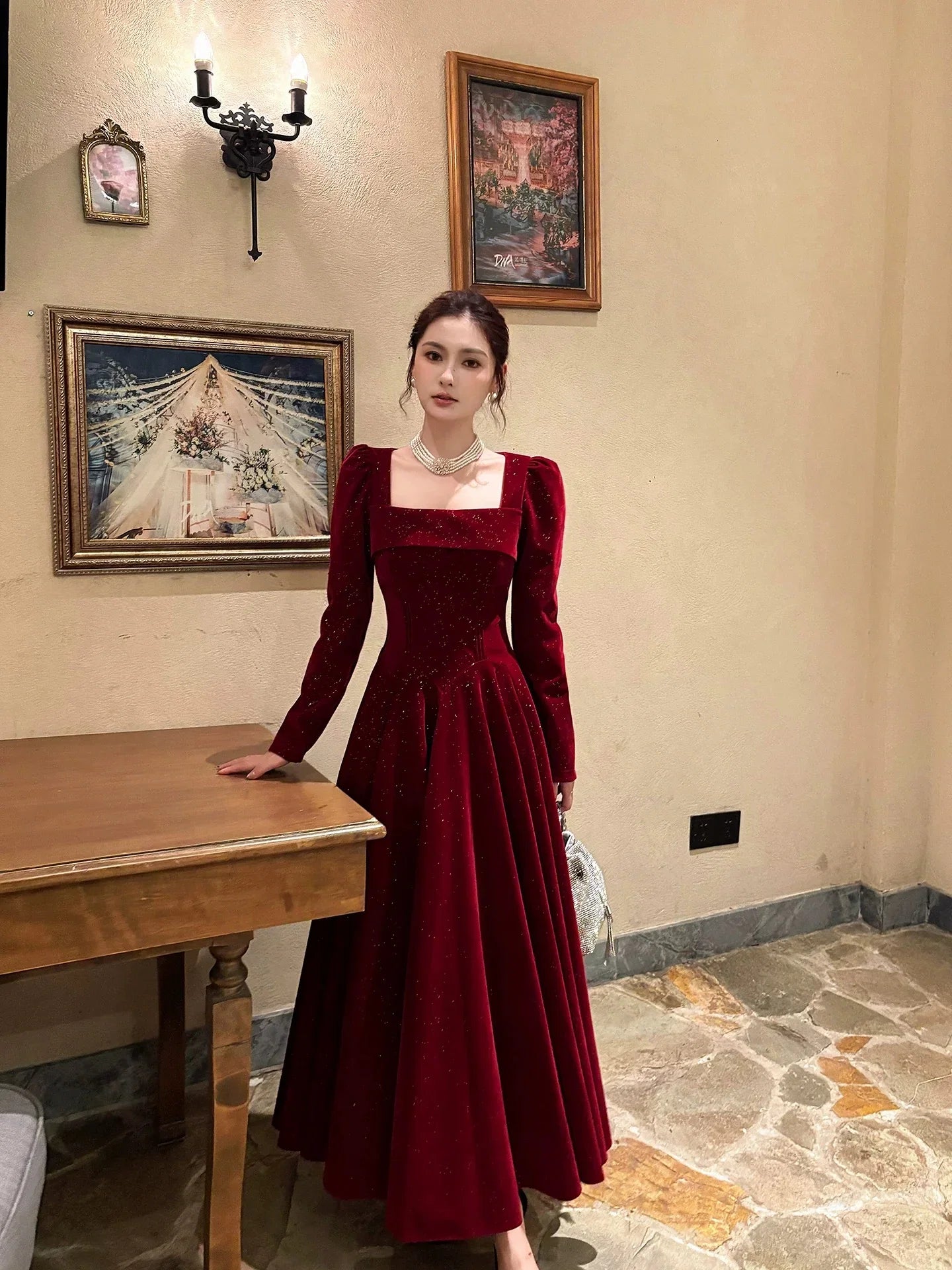 Burgundy Square Neck Maxi Prom Dress