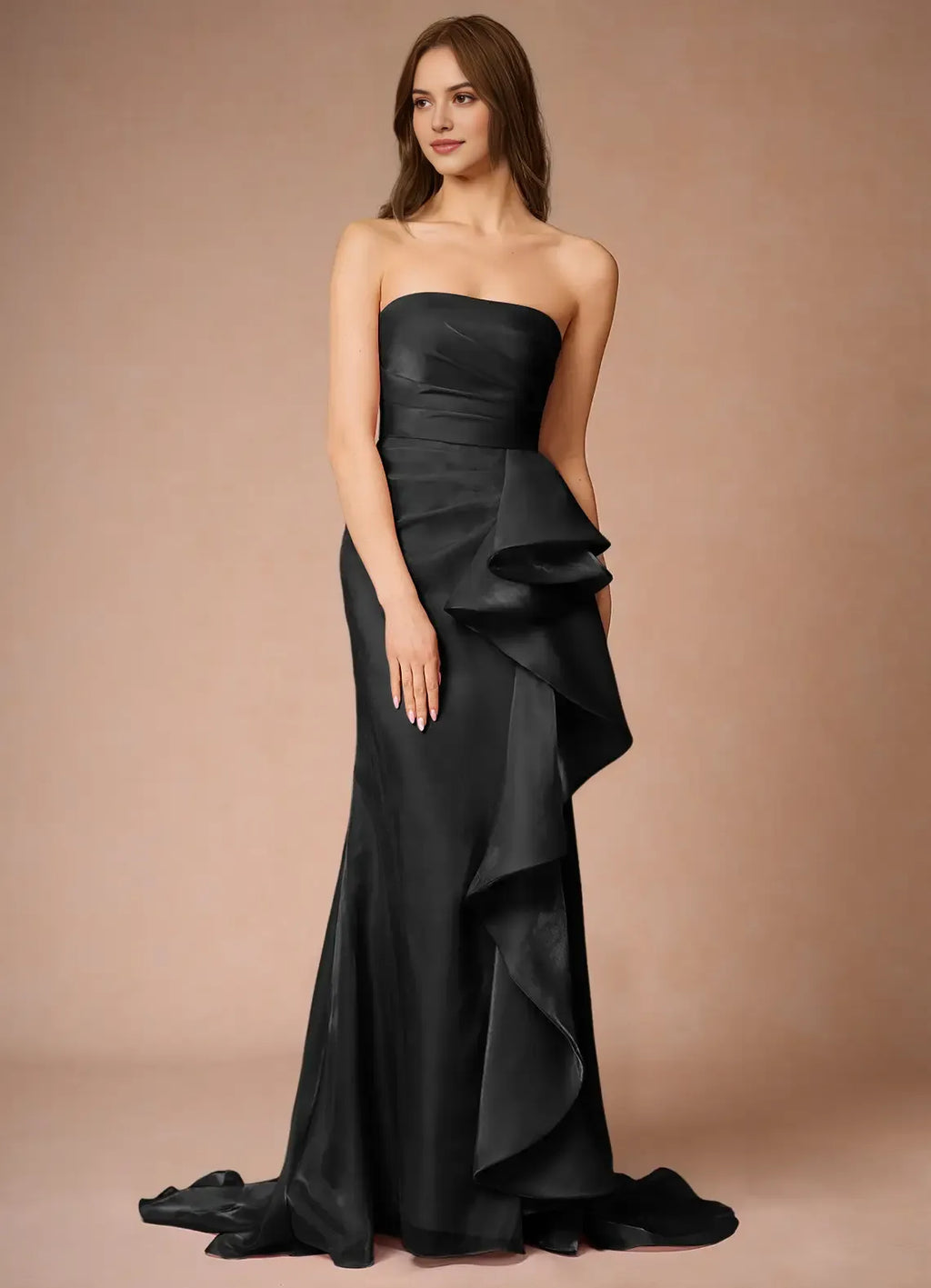 Black Strapless Prom Dress with Draped Bodice Asymmetric Ruffle Detail Train for Formal Galas