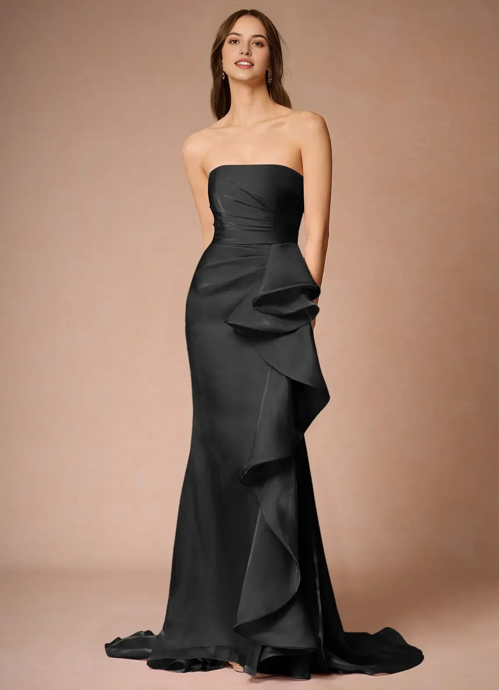Black Strapless Prom Dress with Draped Bodice Asymmetric Ruffle Detail Train for Formal Galas