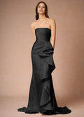 Black Strapless Prom Dress with Draped Bodice Asymmetric Ruffle Detail Train for Formal Galas