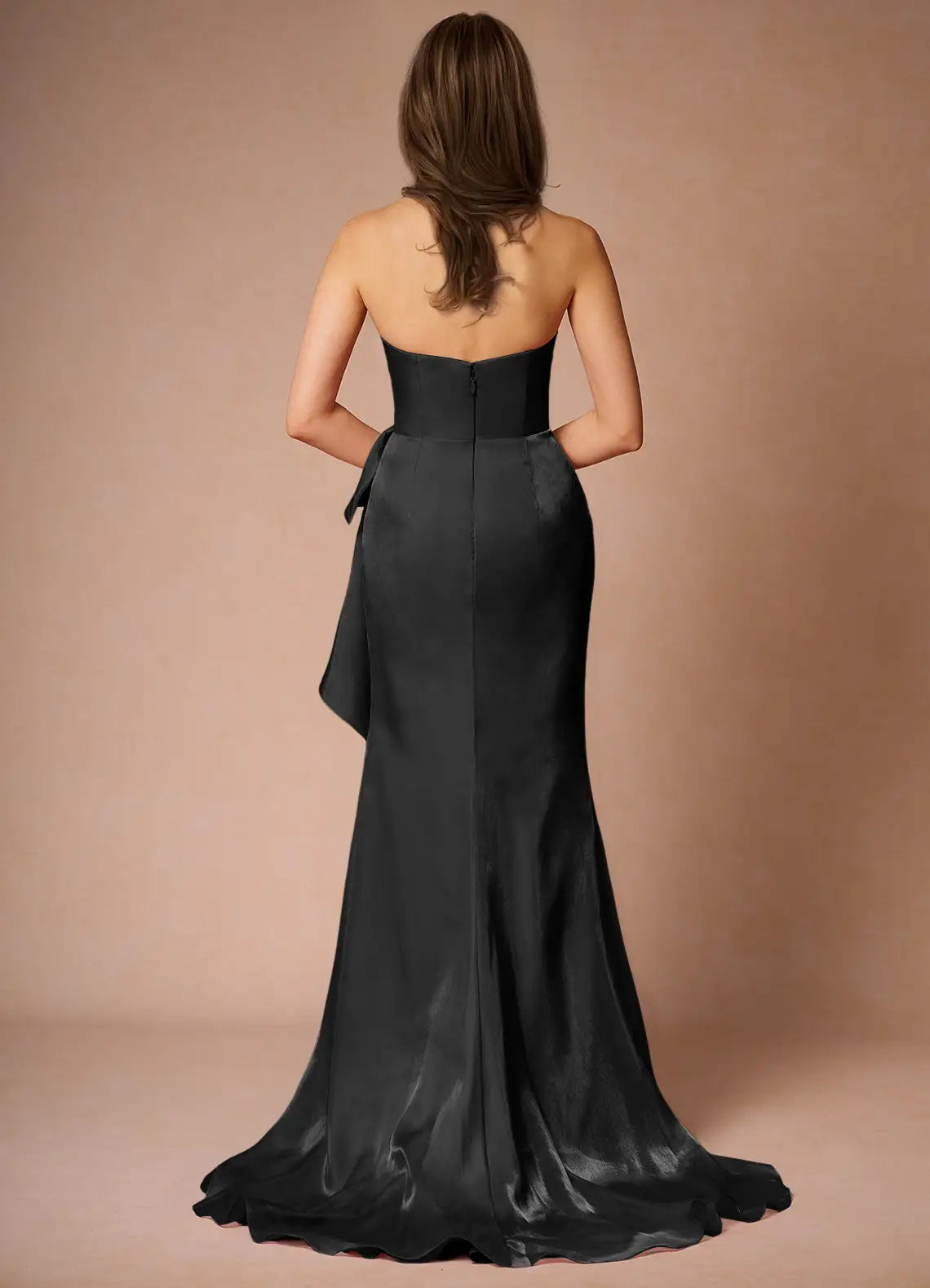 Black Strapless Prom Dress with Draped Bodice Asymmetric Ruffle Detail Train for Formal Galas