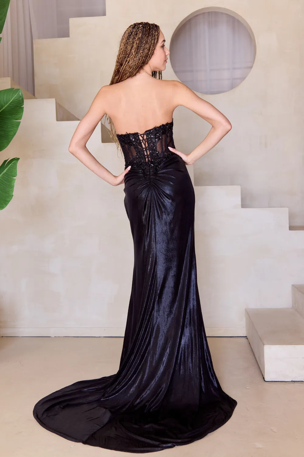 Black Strapless Prom Dresses with Sheer Bodice Corset Inspired Details and High Side Slit for Formal Evening Events