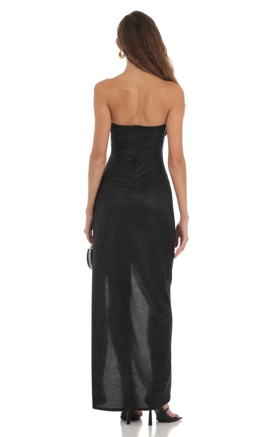 Black Strapless Sparkle Prom Dress with Asymmetric Draped Bodice High Thigh Slit and Figure Hugging Silhouette for Evening Galas and Formal Celebrations