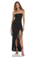 Black Strapless Sparkle Prom Dress with Asymmetric Draped Bodice High Thigh Slit and Figure Hugging Silhouette for Evening Galas and Formal Celebrations