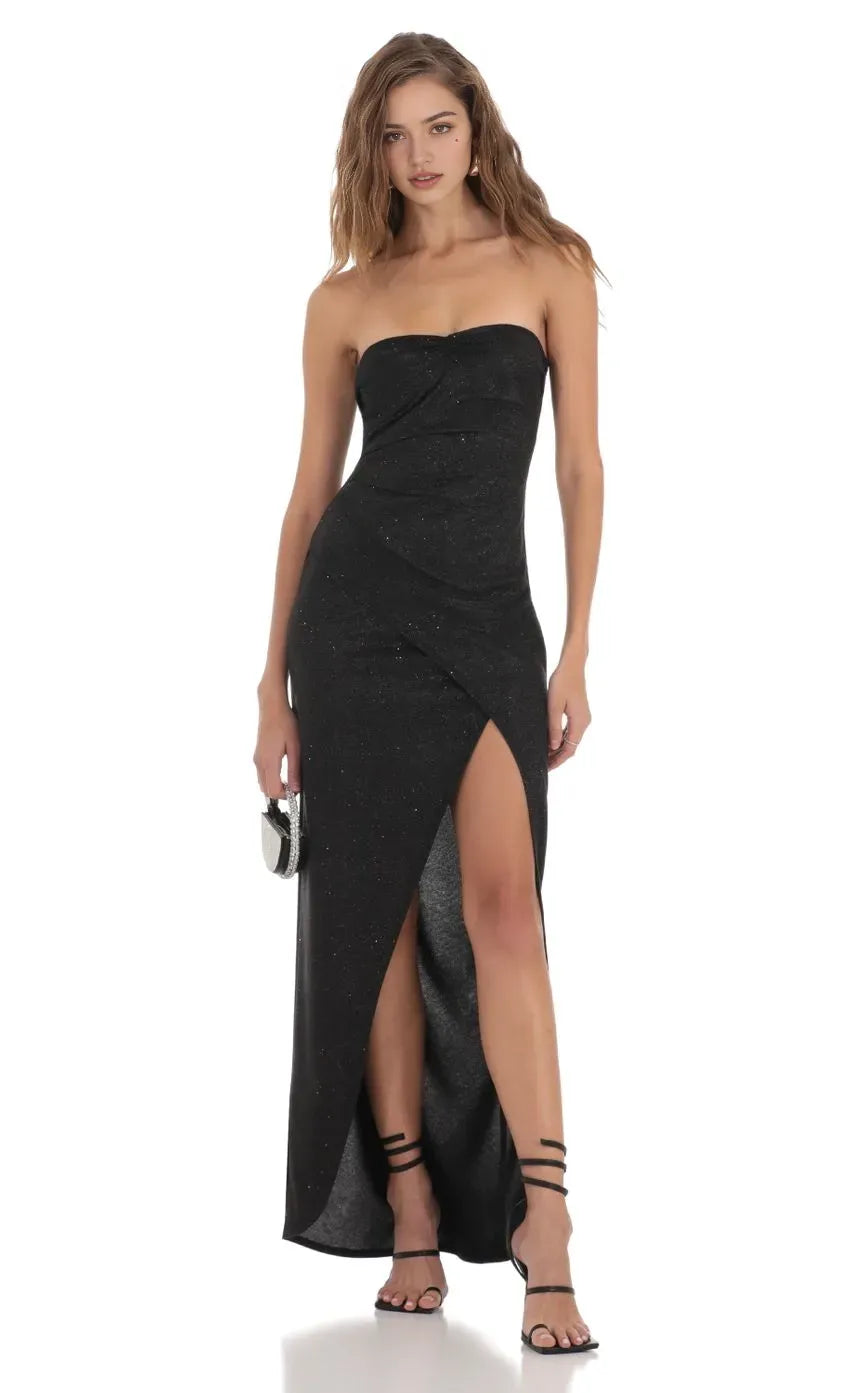 Black Strapless Sparkle Prom Dress with Asymmetric Draped Bodice High Thigh Slit and Figure Hugging Silhouette for Evening Galas and Formal Celebrations