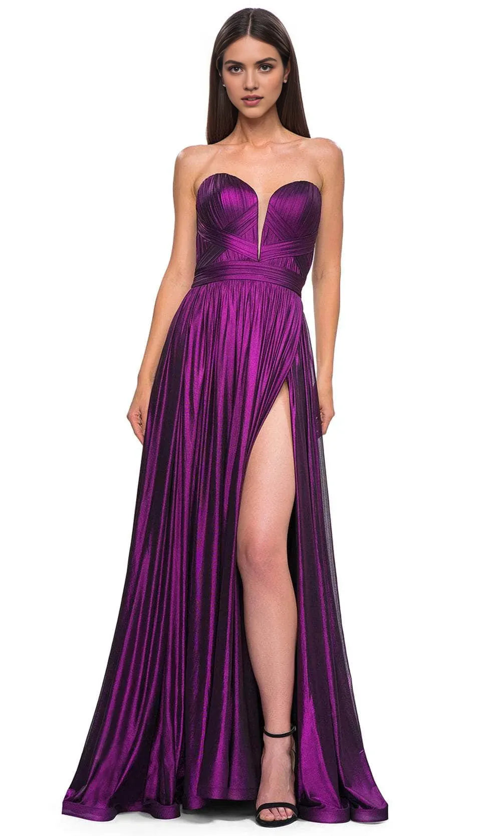 Strapless Bronze Metallic Prom Dress with Sheer V - Neck Detail and High Side Slit – Ideal for Luxury Ballroom Events and Foreign Trade Galas