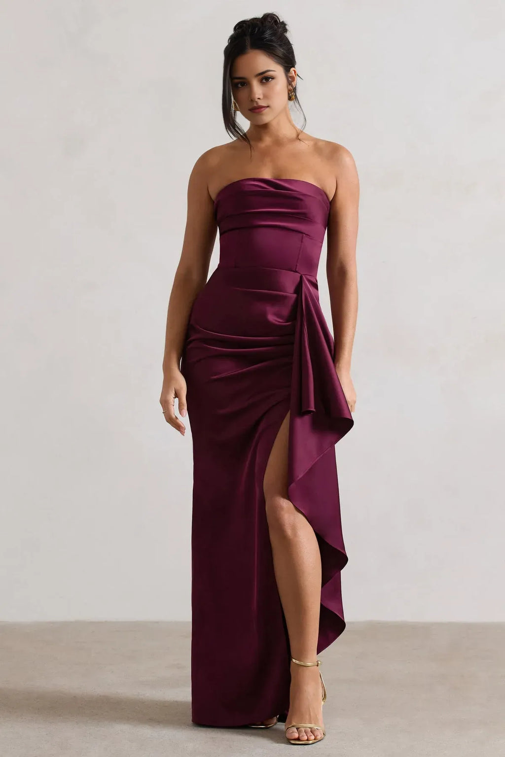 Burgundy Strapless Prom Dresses with Asymmetric Ruffle Detail and Side Slit A Perfect Blend of Elegance and Allure for Formal Occasions