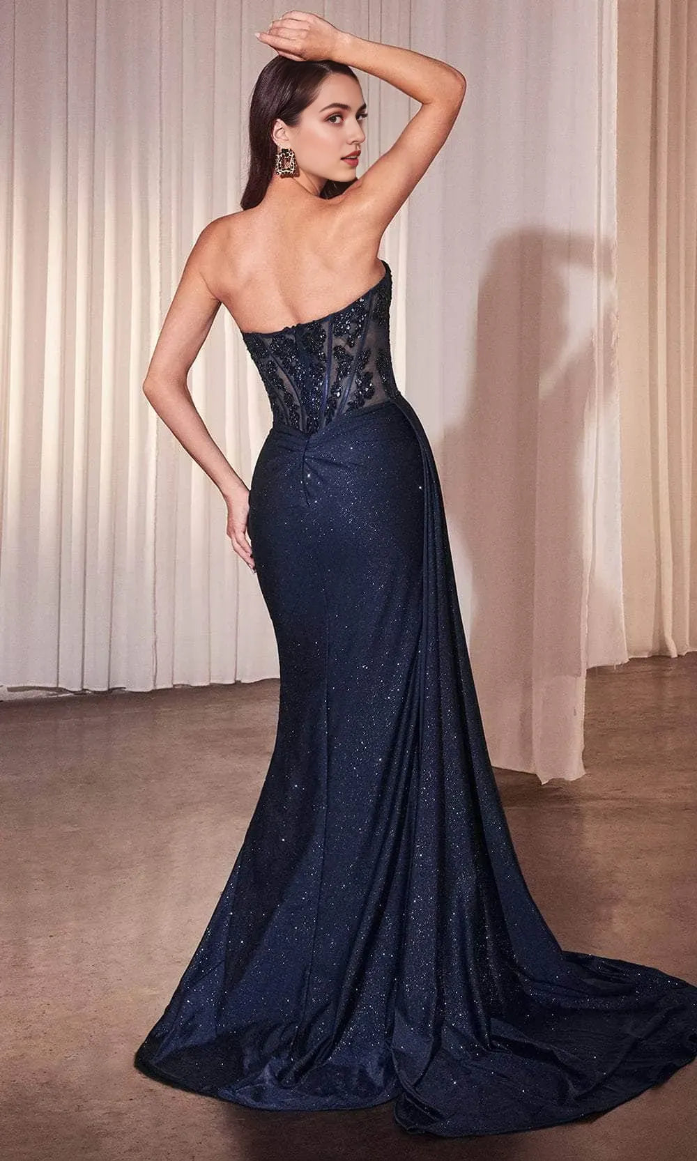 Navy Blue Strapless Prom Dress with Sheer Bodice Ruched Skirt High Side Slit – Ideal for Luxury Ballroom Events and Foreign Trade Galas