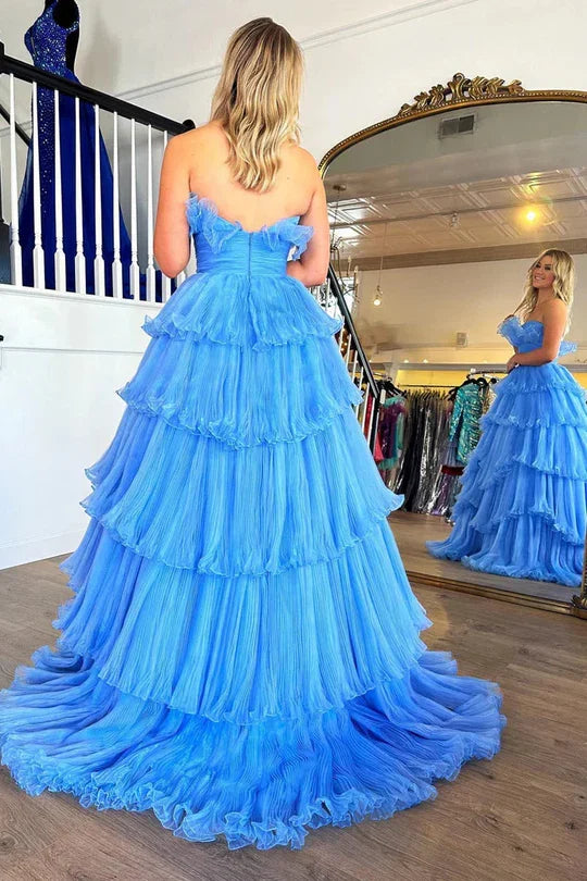 Blue Strapless Ruffled Floor-Length Prom Dress