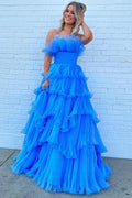 Blue Strapless Ruffled Floor-Length Prom Dress