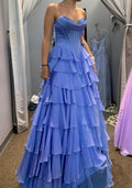 Strapless Ruffled Periwinkle Maxi Prom Dress