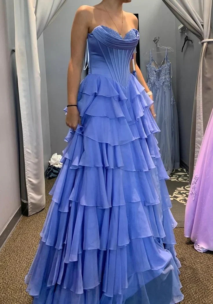 Strapless Ruffled Periwinkle Maxi Prom Dress