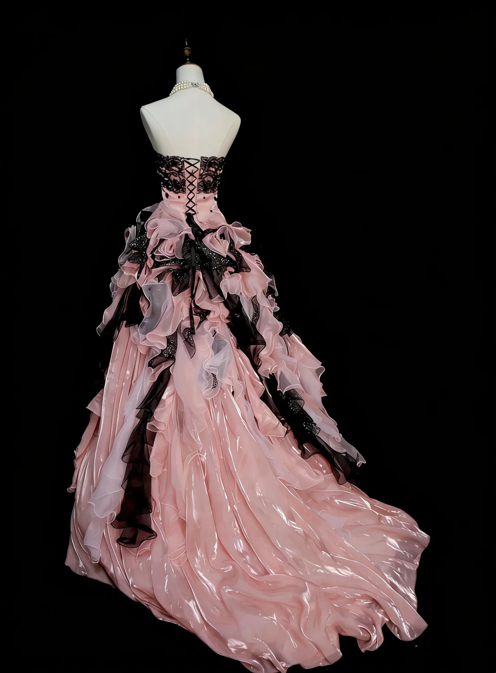 Black Strapless Ruffled Pink Maxi Prom Dress