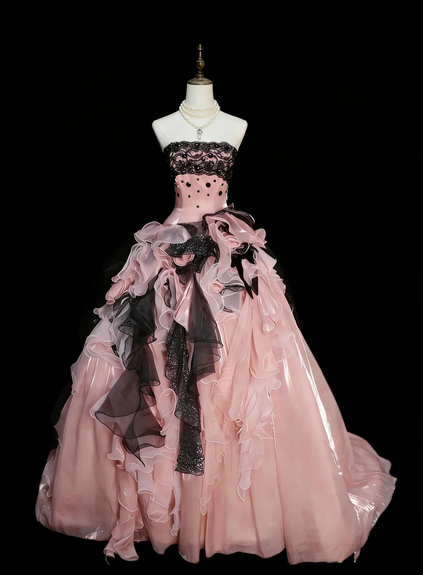 Black Strapless Ruffled Pink Maxi Prom Dress