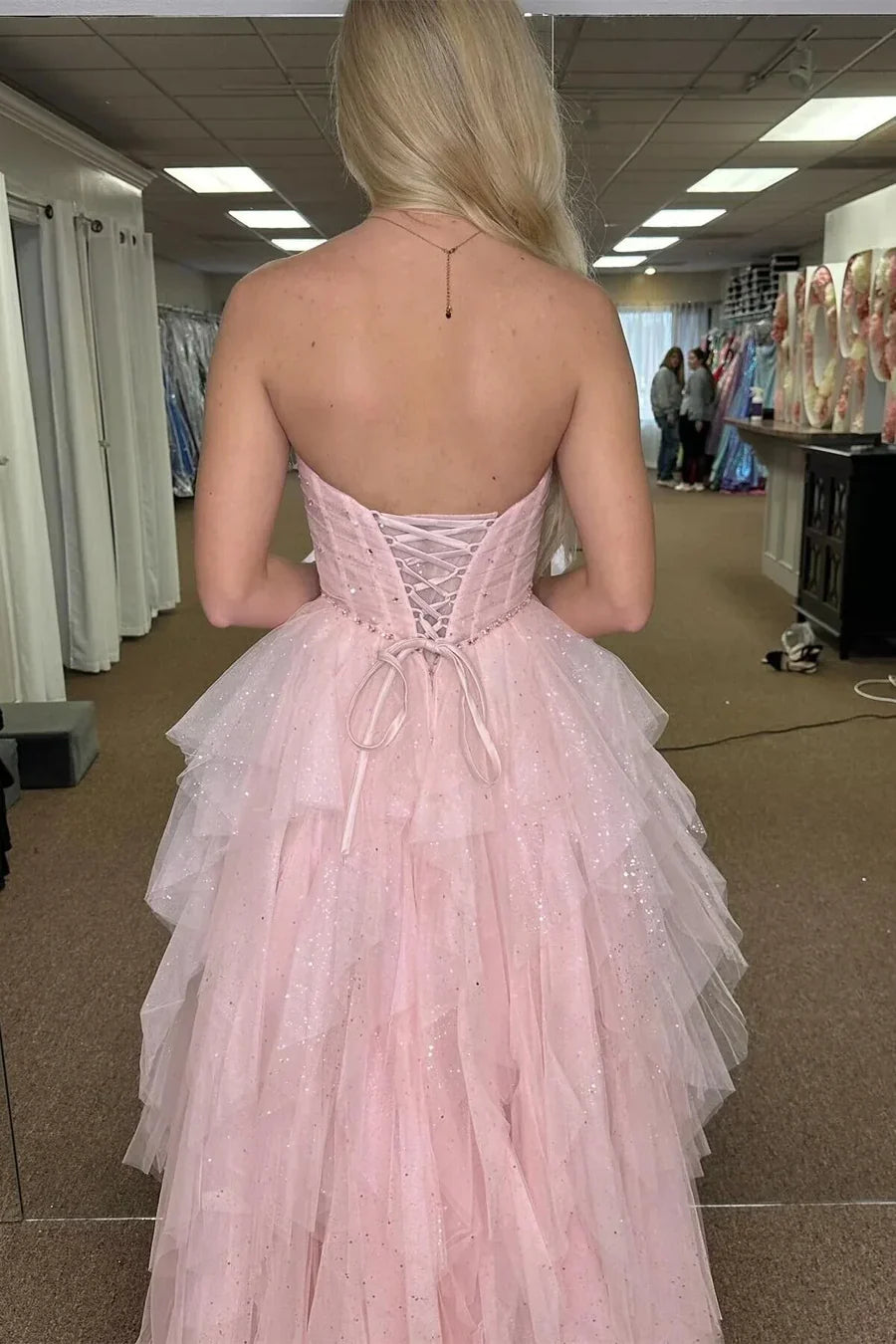 Pink Strapless Ruffled Floor-Length Prom Dress