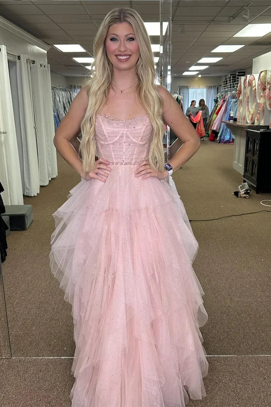 Pink Strapless Ruffled Floor-Length Prom Dress
