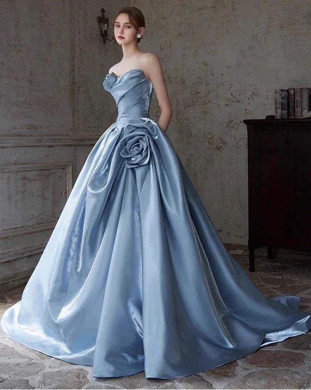 Blue Strapless Sleeveless Floral Maxi Prom Dress