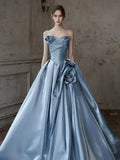 Blue Strapless Sleeveless Floral Maxi Prom Dress
