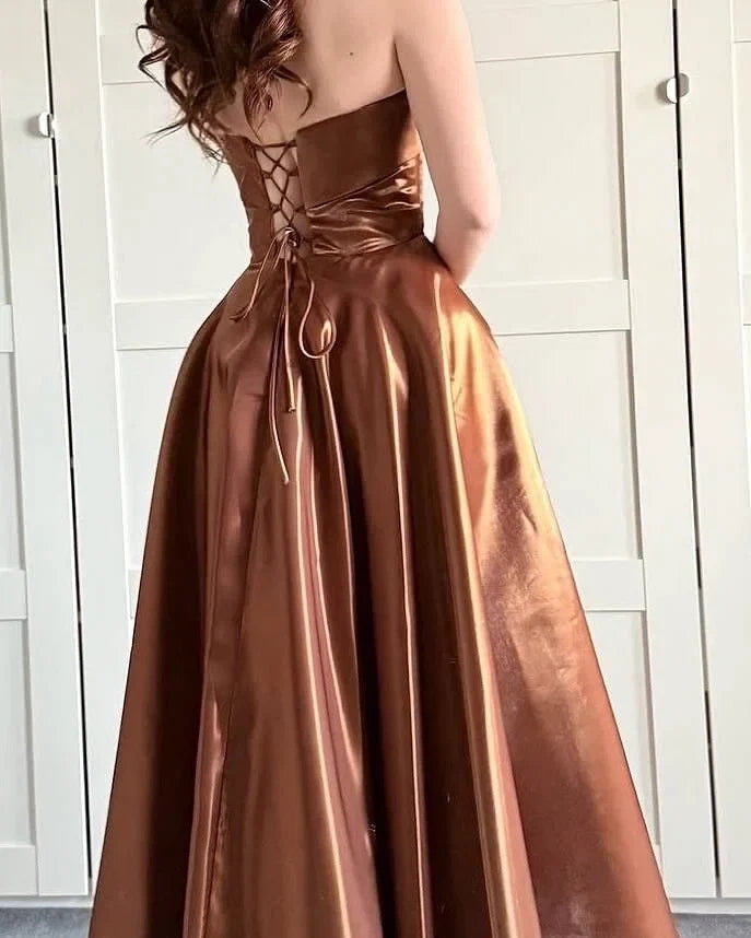 Strapless Sleeveless Lace-Up Bronze Prom Dress
