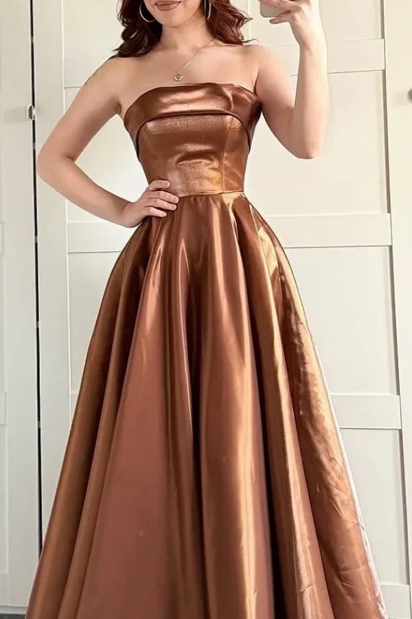 Strapless Sleeveless Lace-Up Bronze Prom Dress