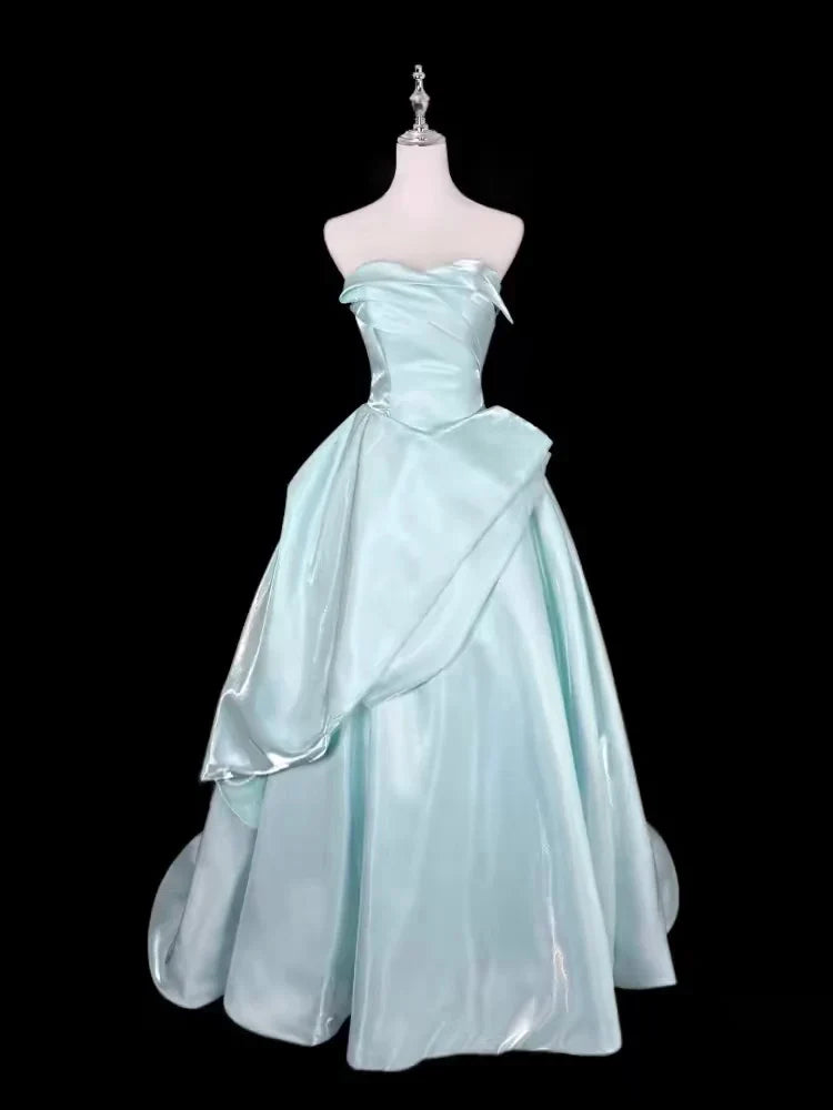 Mint Strapless Sleeveless Pleated Maxi Prom Dress