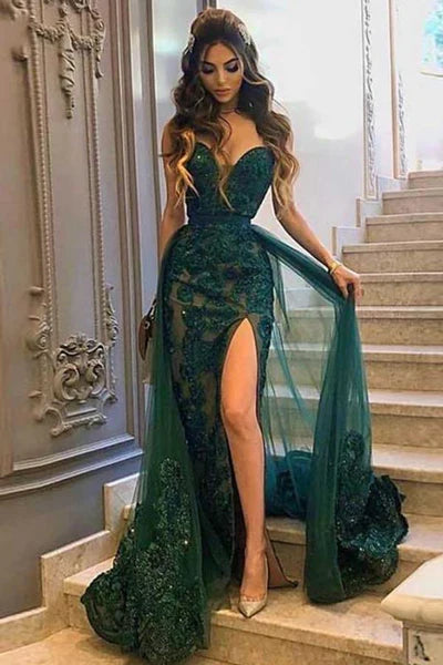 Green Sweetheart Prom Dress Long Evening Gowns With Overskirt