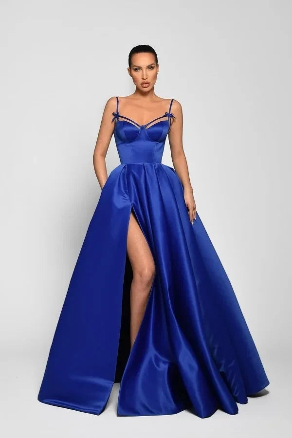 Blue Sweetheart Spaghetti Strap Royal Maxi Party Dress