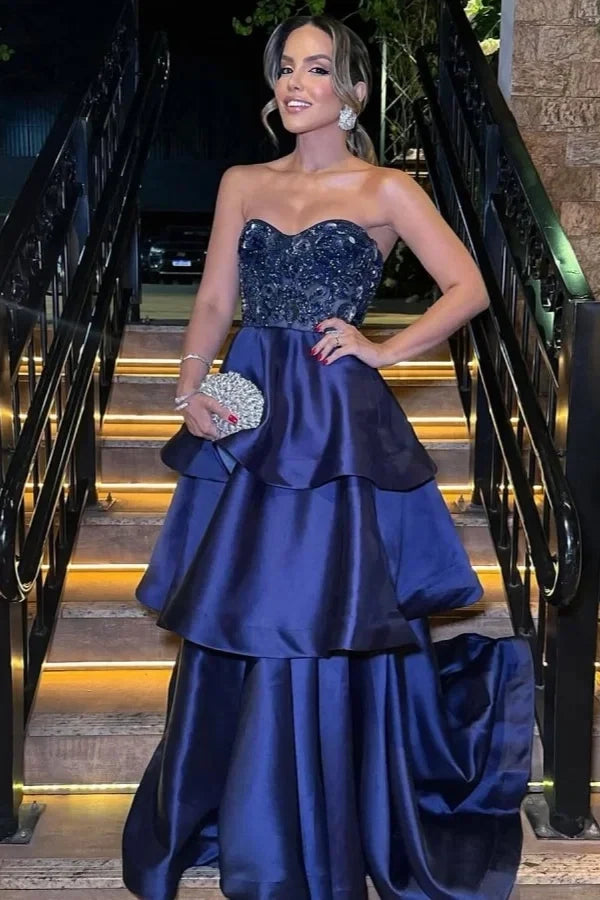 Navy Blue Tiered Strapless Beaded Maxi Party Dress