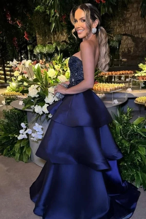 Navy Blue Tiered Strapless Beaded Maxi Party Dress