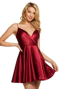 Burgundy V - Neck Burgundy Mini Dress Fabric Fla Skirt for Homecoming Celebrations