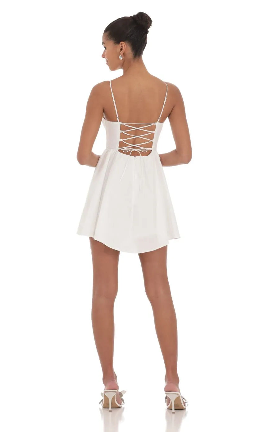 White Homecoming Gown Spaghetti Straps Plunging V Corset Detail Flared Mini Skirt for Homecoming Nights