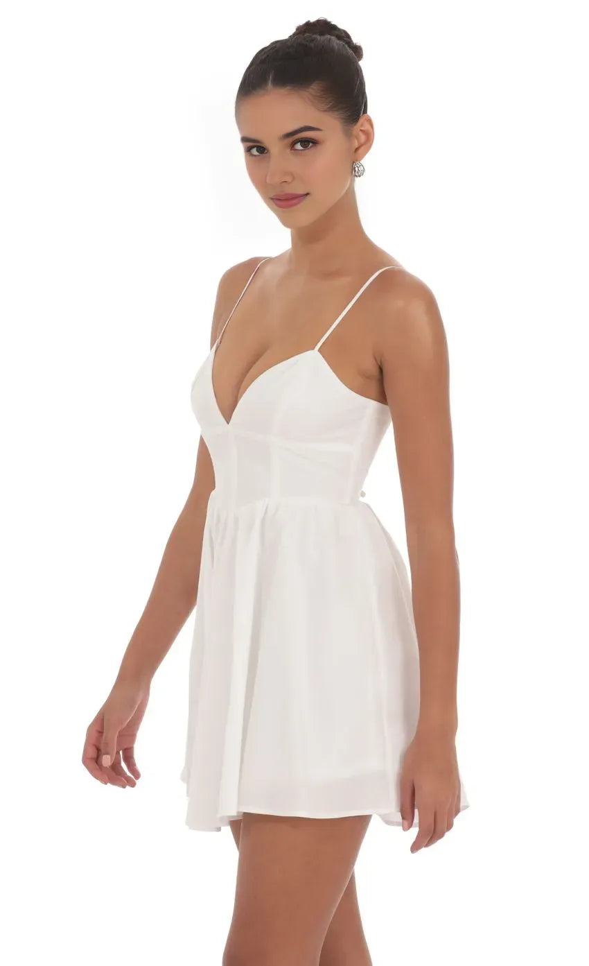 White Homecoming Gown Spaghetti Straps Plunging V Corset Detail Flared Mini Skirt for Homecoming Nights