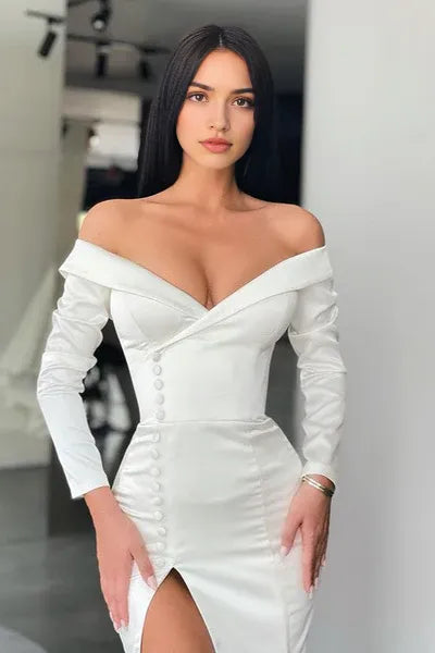 White Long Sleeves Mermaid Evening Dress Off-the-shoulder Split Prom Gown