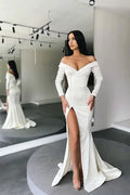 White Long Sleeves Mermaid Evening Dress Off-the-shoulder Split Prom Gown
